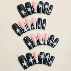 Uñas postizas largas cuadradas negras con punta francesa, uñas postizas de cobertura completa con diseños de estrellas, uñas postizas Y2K a presión, uñas adhesivas brillantes, uñas acrílicas artificiales para mujeres y niñas,a22  24 unidades
