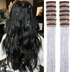Paquete de 12 piezas de oropel para el cabello, kit de oropel con clip, extensiones de cabello de oropel plateado con purpurina A21 pulgadas
