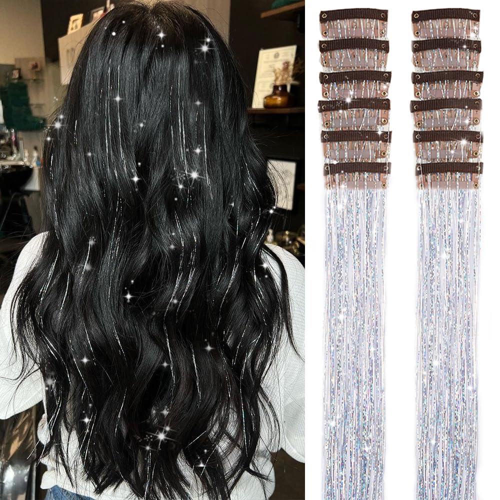 Paquete de 12 piezas de oropel para el cabello, kit de oropel con clip, extensiones de cabello de oropel plateado con purpurina A21 pulgadas