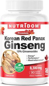 Panax Ginseng rojo coreano 8,300 mg por día, 10% de ginsenósidos, sin OMG, vegano, sin gluten, sin soja y sin lácteos, 90 cápsulas vegetales