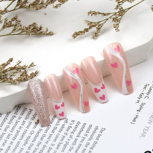 a22 Uñas postizas extralargas para el día de San Valentín, uñas postizas cuadradas con forma de corazón rosa con purpurina, cobertura completa, puntas de uñas de gel suave, uñas
