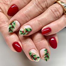 Cargar imagen en el visor de la galería, Uñas postizas a presión de Navidad, uñas postizas cortas de almendra con pegamento, uñas postizas acrílicas rojas de Navidad con diseños de bayas, color rosa A22, cobertura completa, brillantes,
