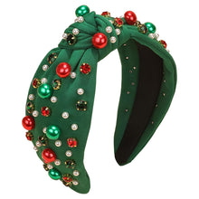 Cargar imagen en el visor de la galería, Diadema de Navidad para mujer, diadema anudada con perlas, diadema de Navidad con diamantes de imitación de cristal de perlas rojas y verdes, diadema elegante para mujer, diadema con nudo superior A19
