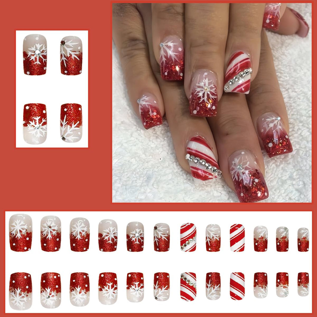 24 uñas postizas a presión de copo de nieve, uñas postizas de Navidad, con purpurina, punta francesa, con diamantes de imitación, a22  uñas de cobertura completa, uñas rojas par