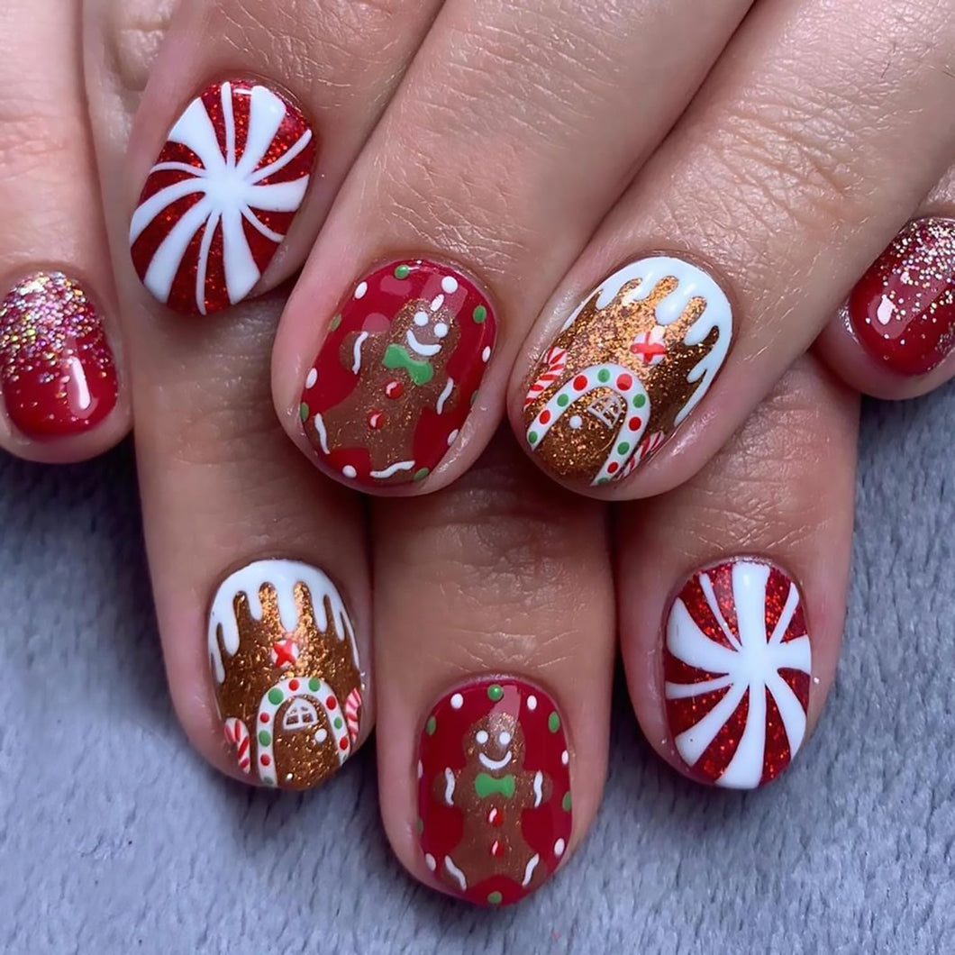 Uñas postizas cuadradas cortas con diseño de bastón de caramelo, diseño de bastón de caramelo, uñas postizas con purpurina roja de Navidad a22 , uñas postizas brillantes con pegamento de cobertura
