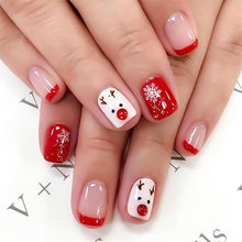 Cargar imagen en el visor de la galería, Uñas postizas a presión de Navidad, uñas postizas cuadradas extra cortas con pegamento, uñas postizas acrílicas con bonitos diseños de alce y copo de nieve,a22  punta francesa roja, uñas artificiales
