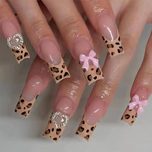 Cargar imagen en el visor de la galería, BABALAL Uñas postizas largas cuadradas a presión, uñas postizas marrones, guepardo, punta francesa, con pegamento, lazo rosa,a22  diseño de corazón, uñas acrílicas
