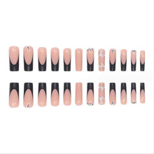Cargar imagen en el visor de la galería, Foccna Uñas postizas largas con diamantes de imitación, color rosa, uñas negras, cuadradas, brillantes, 3D, flores, uñas postizas, uñas artificiales,a22 manicura para mujeres y niñas, 24 piezas (uñas
