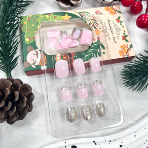 24 uñas cortas de Navidad a presión, uñas postizas cuadradas rosas con diseño de copo de nieve, uñas acrílicas con purpurina de invierno, pegamento en la punta de las uñas a22 , reutilizables, ajuste