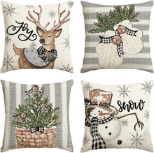 Cargar imagen en el visor de la galería, AVOIN colorlife - Juego de 4 fundas de almohada de muñeco de nieve de Navidad, diseño de reno y muñeco de nieve, diseño de rayas de invierno, decoración para sofá, 18 x 18 pulgadas A19
