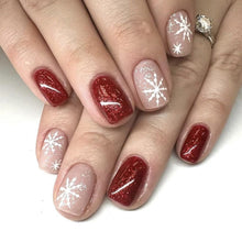 Cargar imagen en el visor de la galería, Uñas postizas a presión de Navidad, cuadradas cortas, uñas postizas con purpurina roja con diseños de copos de nieve, uñas con pegamento, a22 uñas de Navidad de cobertura completa, uña

