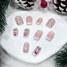 Cargar imagen en el visor de la galería, Uñas postizas a presión de Navidad, cuadradas, medianas, punta francesa, color blanco, con diseño de alce, rayas con purpurina, diseño de Navidad, uñas postizas de cobertura completa a22 , uñas adhesivas
