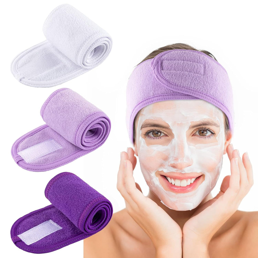 Whaline Diadema facial de spa, diadema de tela de toalla ajustable para lavado de cara, ducha, cubierta facial, 3 piezas (blanco, morado, morado oscuro) A19