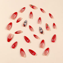 Cargar imagen en el visor de la galería, Uñas postizas a presión de Navidad, uñas postizas medianas de almendra, uñas postizas de punta francesa roja con diseño de copo de nieve, A22  pegamento con purpurina, uñas acrílicas artificiales, muñeco
