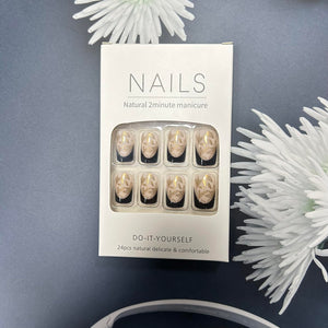 Uñas postizas a presión de longitud media, uñas postizas francesas negras con diseño de hojas doradas, uñas postizas acrílicas artificiales, uñas cuadradas,a22  cobertura completa, brillantes