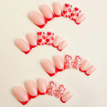 Cargar imagen en el visor de la galería, Uñas a presión, color rosa, uñas postizas cuadradas medianas, uñas postizas acrílicas de San Valentín con diseños de corazón rojo, punta francesa,A22  uñas artificiales brillantes para otoño
