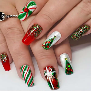 Uñas postizas a presión de Navidad, uñas postizas medianas con diseño de ataúd, uñas postizas acrílicas con diamantes de imitación, diseño de purpurina,A22  uñas artificiales rojas con pegamento