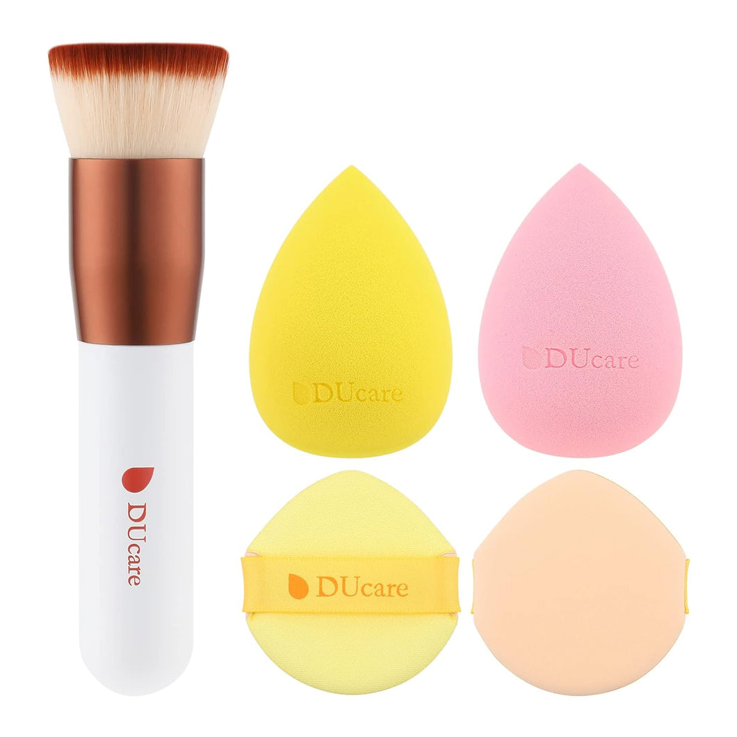 DUcare Brocha de base con esponjas de maquillaje Puff Flat Top Kabuki Brush para mezcla de líquidos, polvo mineral, pulir punteado A19
