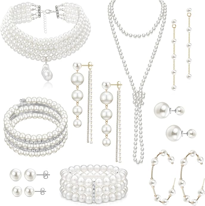 Juego de 16 pendientes de collar de perlas para mujer