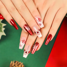 Cargar imagen en el visor de la galería, Uñas postizas a presión con punta francesa de Navidad, uñas postizas medianas de lujo, uñas postizas acrílicas con diseños de diamantes de imitación,A22  uñas artificiales rojas y rosas, lindas uñas
