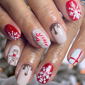 24 uñas postizas a presión con copos de nieve, cuadradas, cortas, con copos de nieve, hombre de jengibre, uñas postizas de Navidad, lindas uñas adhesivas de Navidad, uñas acrílicas,a22  decoración de uñas
