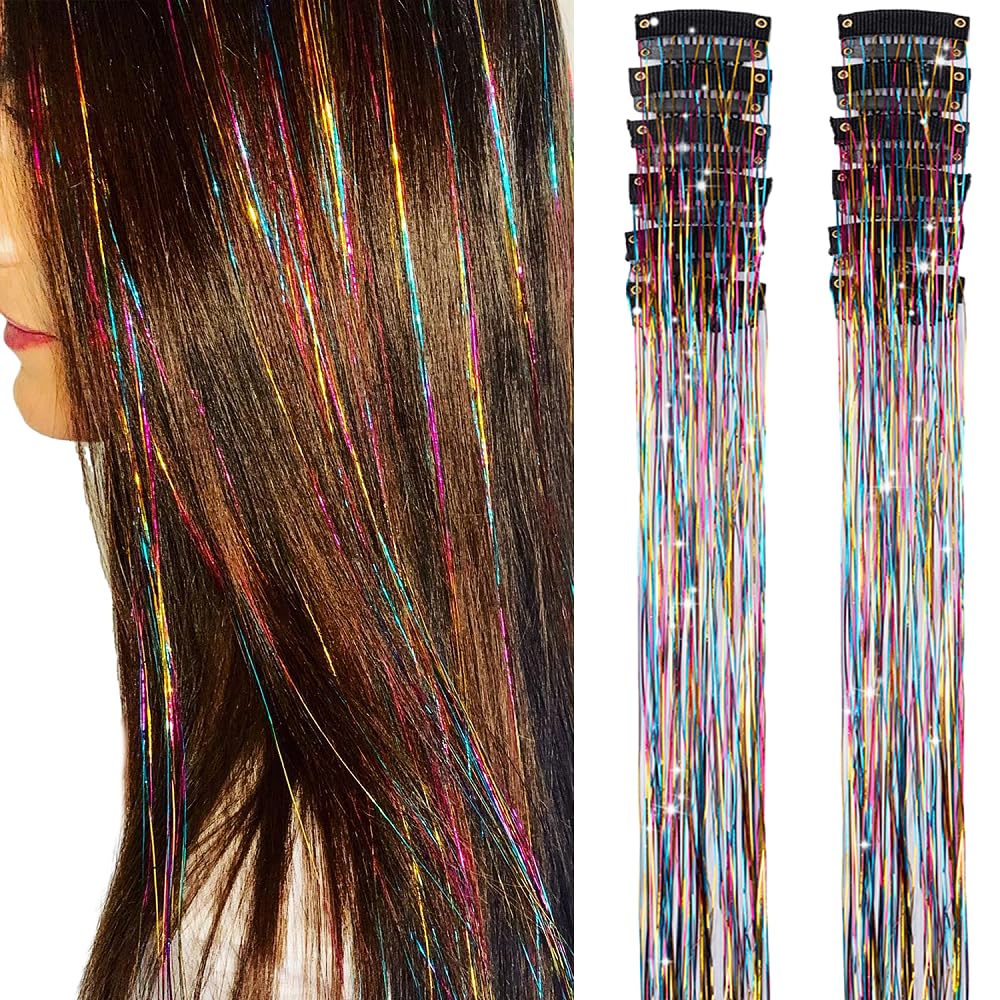 Paquete de 12 extensiones de cabello de oropel con clip de arco iris, 20 pulgadas,a21 extensiones de cabello de oropel con purpurina,