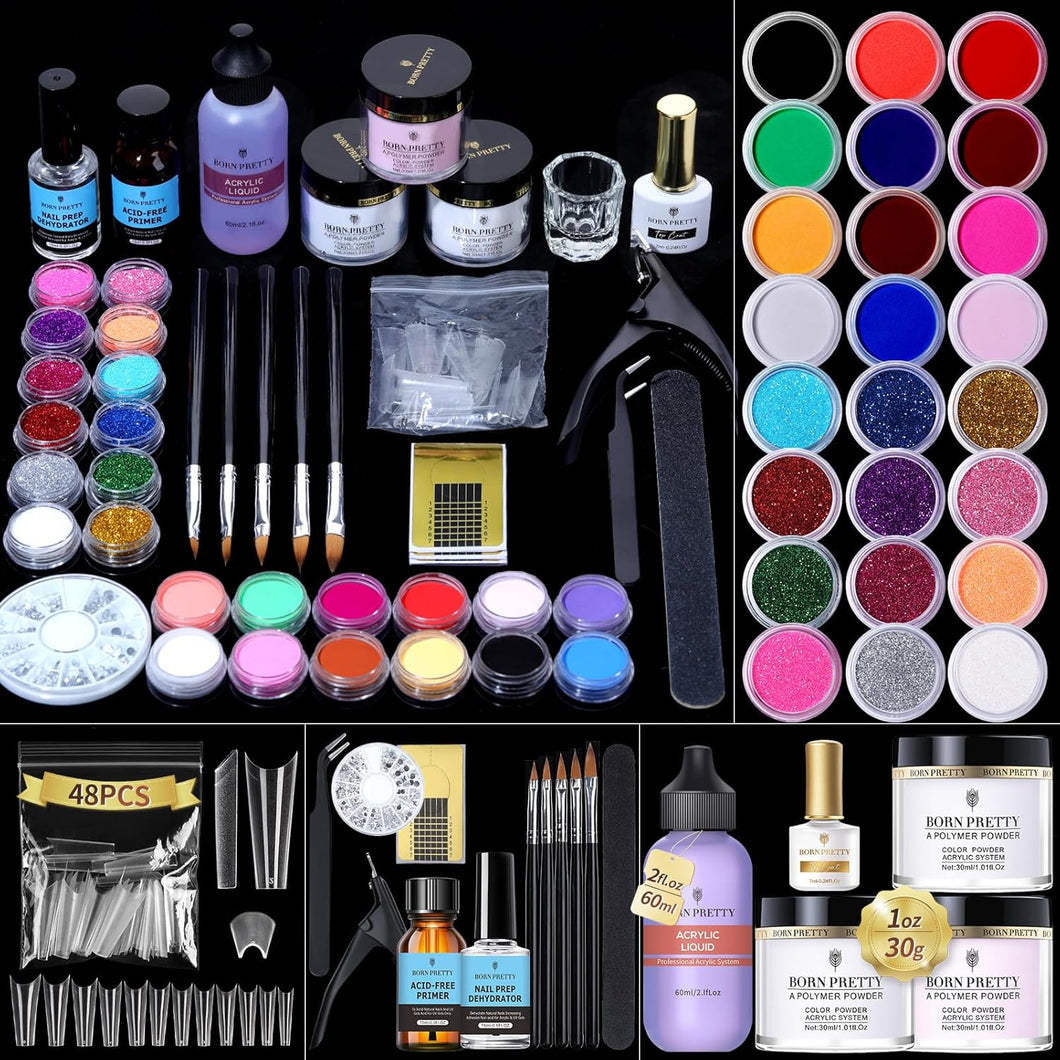 Kit de uñas acrílicas con todo, 96 unidades de polvo acrílico y monómero líquido con 24 colores con purpurina