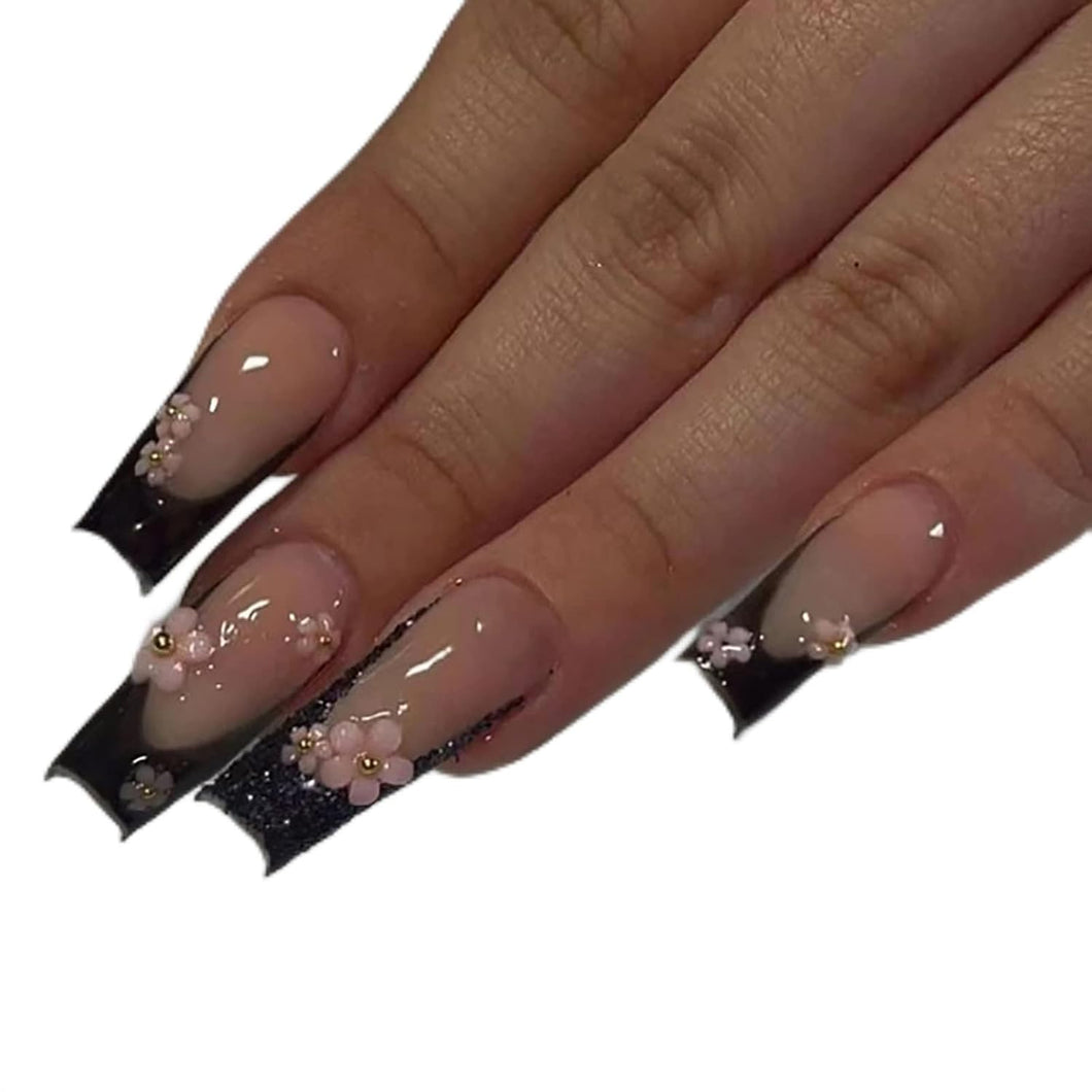 Uñas postizas largas con punta francesa negra tipo ataúd MABKJLF de cobertura completa con diseños de flores rosas 5D, uñas postizas brillantes con pegamento para uñas,A22  uñas artificiales para mujeres