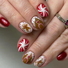 Cargar imagen en el visor de la galería, Uñas postizas a presión de Navidad, uñas postizas cuadradas cortas con diseño de hombre de jengibre, bastón de caramelo, uñas postizas de Navidad,a22  uñas postizas brillantes de cobertura completa, uñas
