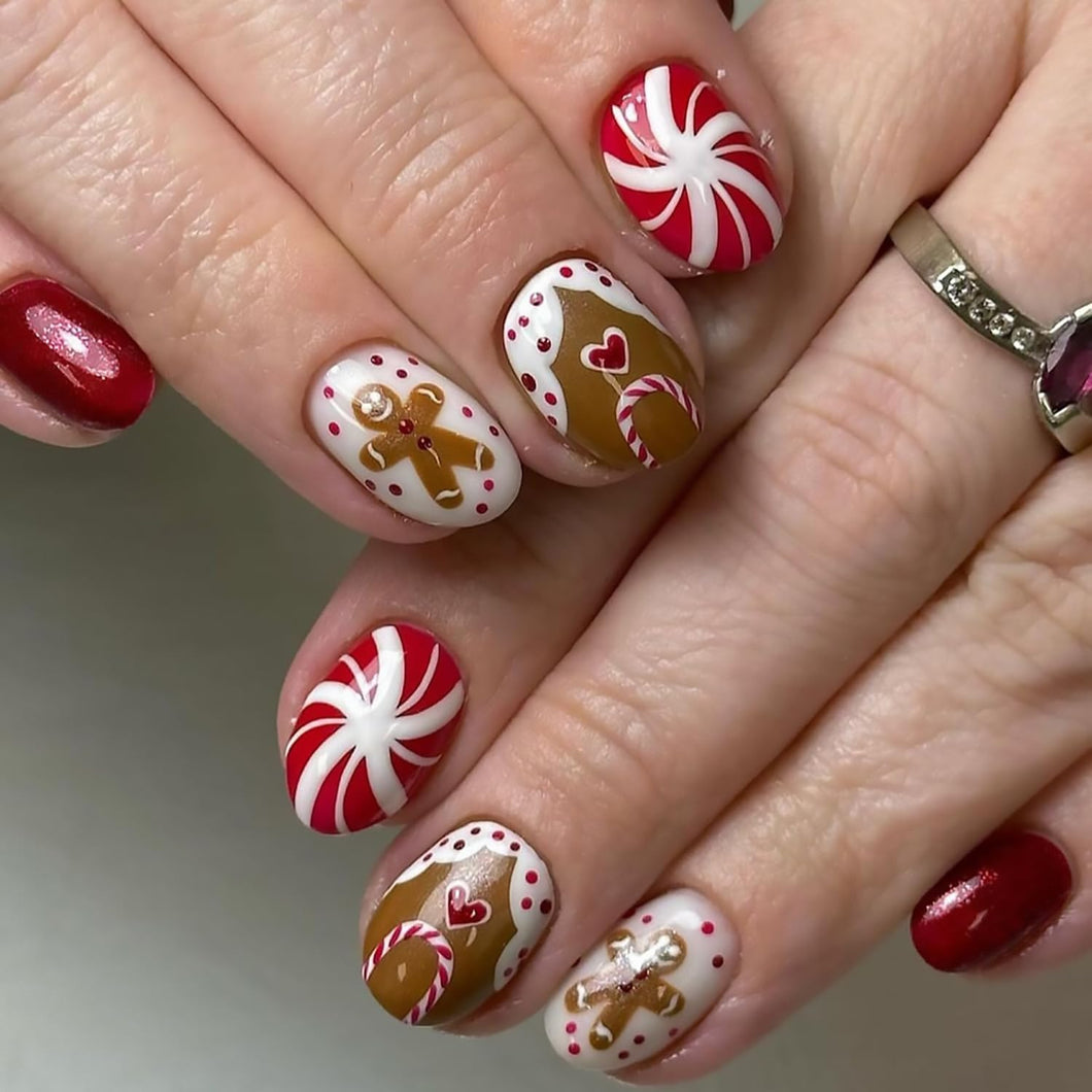 Uñas postizas a presión de Navidad, uñas postizas cuadradas cortas con diseño de hombre de jengibre, bastón de caramelo, uñas postizas de Navidad,a22  uñas postizas brillantes de cobertura completa, uñas