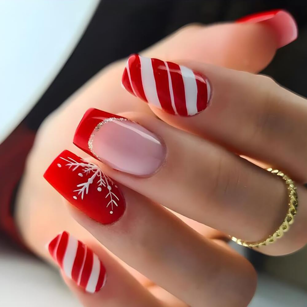 Uñas postizas a presión de Navidad con diseño de rayas de copo de nieve,,, uñas de Navidad,A22