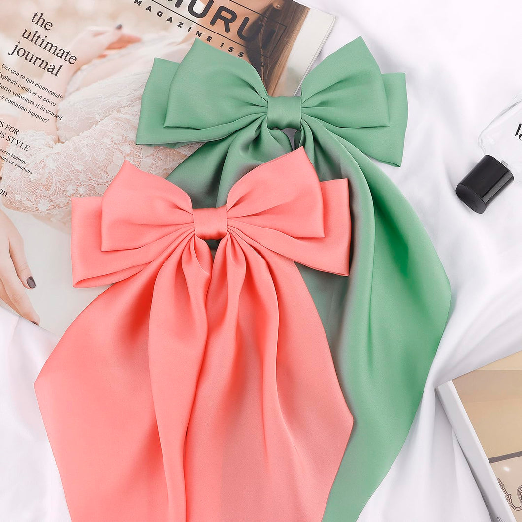 lazos de satén sedoso para el cabello, 2 lazos grandes de color verde y rosa, a21 cintas para el pelo de cola larga de gran tamaño