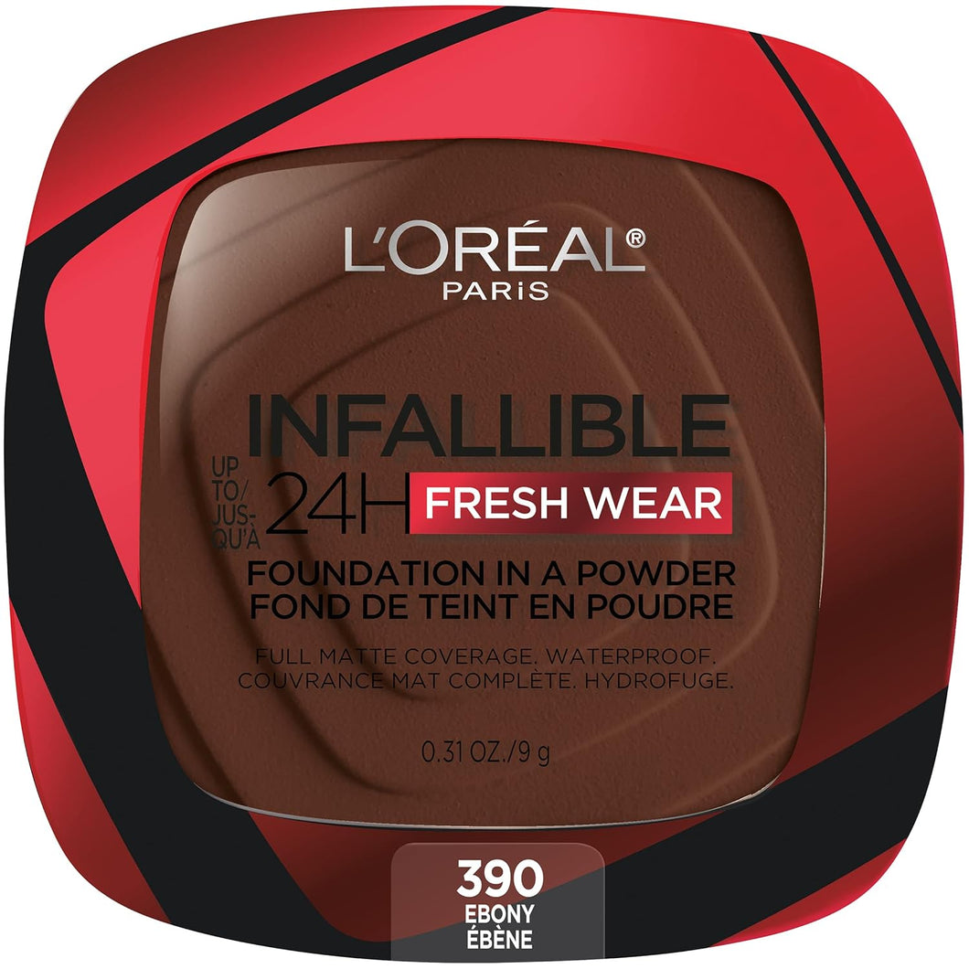 L'Oreal Paris Infallible, el favorito viral en TikTok, hasta 24 horas Fresh Wear Base en polvo. Cubre como un líquido y matifica. Resistente al agua, resistente al calor, a prueba de sudor, no se cae, ébano - 390, 0.31 onzas A19