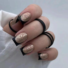 Cargar imagen en el visor de la galería, Uñas postizas a presión de longitud media, uñas postizas francesas negras con diseño de hojas doradas, uñas postizas acrílicas artificiales, uñas cuadradas,a22  cobertura completa, brillantes
