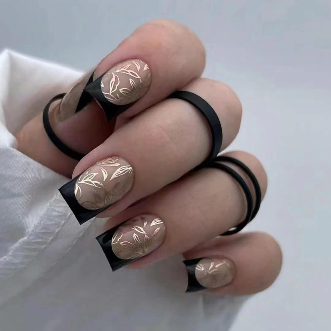 Uñas postizas a presión de longitud media, uñas postizas francesas negras con diseño de hojas doradas, uñas postizas acrílicas artificiales, uñas cuadradas,a22  cobertura completa, brillantes