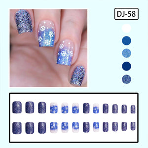 Uñas postizas a presión de Navidad, uñas postizas cuadradas cortas con diseños de copos de nieve, uñas postizas de Navidad, uñas postizas azules con purpurina a22 , uñas postizas de cobertura completa