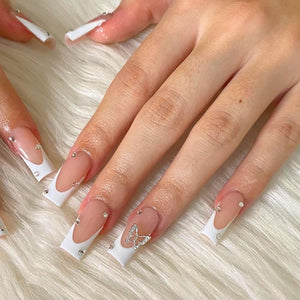 Uñas postizas cuadradas medianas MABKJLF con punta francesa de cobertura completa, uñas postizas rosas con diseños de diamantes de imitación de mariposa, A22 uñas adhesivas brillantes, uñas acrílicas