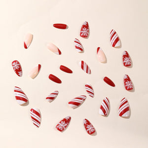 Uñas postizas a presión de Navidad, color almendra, medianas, 24 unidades, diseño de rayas rojas y blancas, uñas acrílicas artificiales para invierno, Navidad a22, uñas adhesivas con pegamento, 24