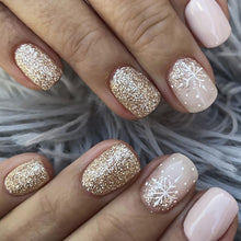 Cargar imagen en el visor de la galería, Uñas postizas a presión de Navidad, uñas postizas cuadradas cortas con diseños de copos de nieve con purpurina dorada, uñas postizas rosas de Navidad, A22 uñas postizas con pegamento brillante, uñas
