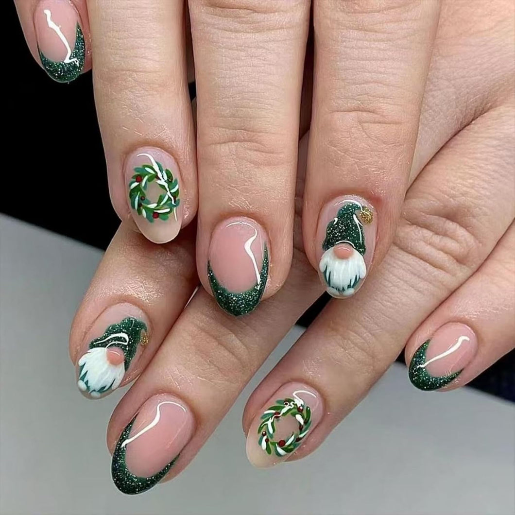 Uñas postizas a presión de Navidad, A22  uñas postizas medianas con nudo rojo, uñas postizas brillantes con diseño de regalo, uñas adhesivas nude, uñas adhesivas para mujeres,  A22 decoración de uñas de Navidad