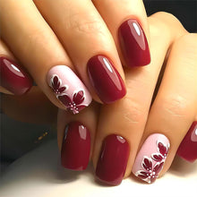 Cargar imagen en el visor de la galería, Uñas postizas cuadradas medianas rojas con pegamento, uñas postizas acrílicas rosas con diseños de flores rojas, uñas artificiales brillantes a presión para otoño e invierno,A22  24 unidades
