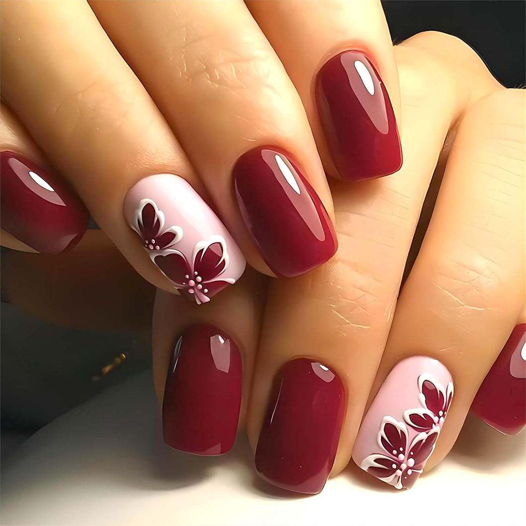 Uñas postizas cuadradas medianas rojas con pegamento, uñas postizas acrílicas rosas con diseños de flores rojas, uñas artificiales brillantes a presión para otoño e invierno,A22  24 unidades