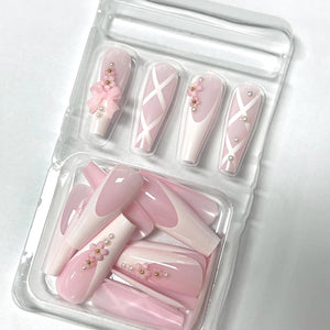 BABALAL Uñas postizas largas a presión con forma de ataúd, uñas postizas blancas con punta francesa 3D, diseño de lazo de flores, 24 unidades, a22 coqueta, bailarina, uñas postizas
