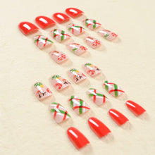 Cargar imagen en el visor de la galería, Uñas postizas a presión de Navidad, uñas postizas cortas de almendra, uñas postizas a rayas rojas y verdes con diseño de bastón de caramelo de copo de nieve, A22  cobertura completa, uñas adhesivas
