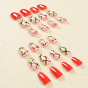 Uñas postizas a presión de Navidad, uñas postizas cortas de almendra, uñas postizas a rayas rojas y verdes con diseño de bastón de caramelo de copo de nieve, A22  cobertura completa, uñas adhesivas
