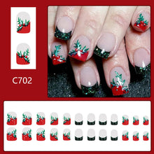 Cargar imagen en el visor de la galería, 24 uñas postizas a presión de Navidad con punta francesa, cobertura completa, uñas postizas de Navidad, color nude, uñas acrílicas para vacaciones de invierno, a22  uñas postizas de Navidad con diseño, kit
