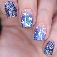Cargar imagen en el visor de la galería, Uñas postizas a presión de Navidad, uñas postizas cuadradas cortas con diseños de copos de nieve, uñas postizas de Navidad, uñas postizas azules con purpurina a22 , uñas postizas de cobertura completa
