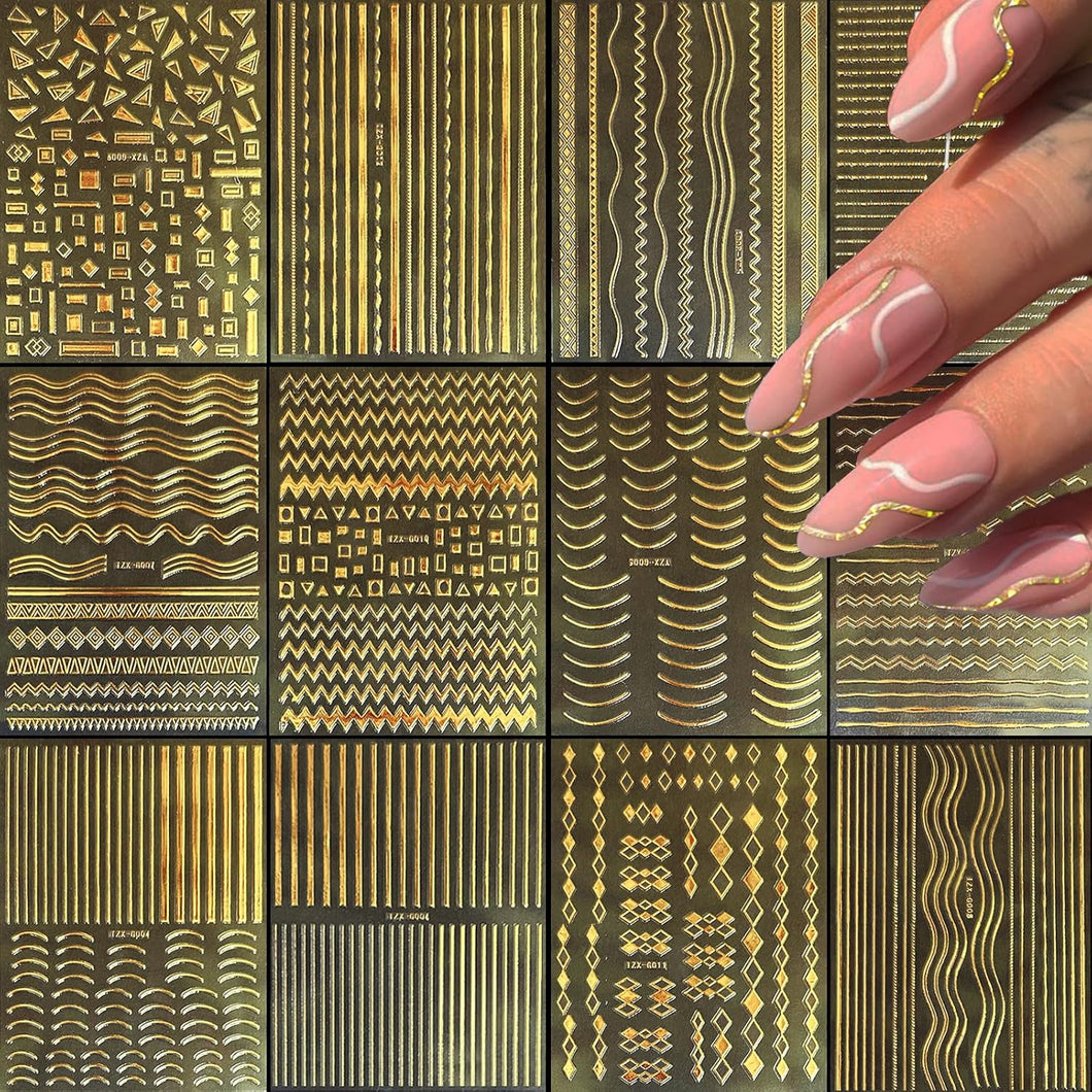 12 hojas de calcomanías de uñas doradas de línea dorada a24