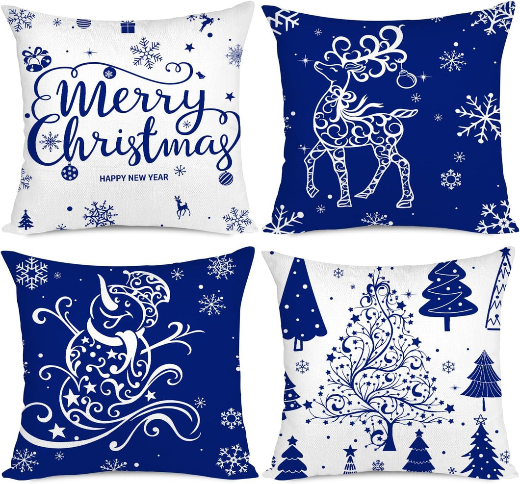 Artmag Juego de 4 fundas de almohada azules de Navidad de 16 x 16 pulgadas, decoración navideña, árboles, ciervos, muñeco de nieve, Feliz Navidad, fundas de almohada decorativas para casa de campo A19