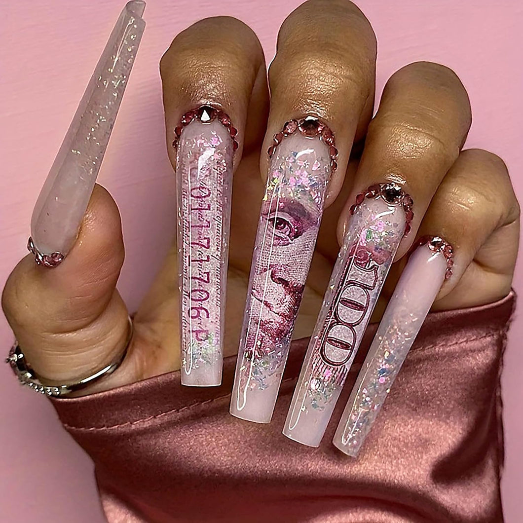 Uñas postizas a presión con forma cuadrada, uñas postizas con diseño de diamantes de imitación, uñas postizas con purpurina, uñas extralargasA22 , patrones de dinero, uñas acrílica